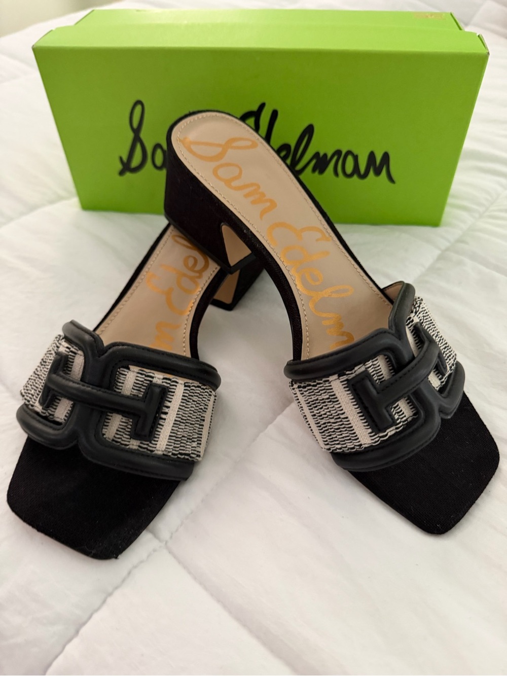 Sam Edelman Waylon Black Woven Strap Block Heel Mules